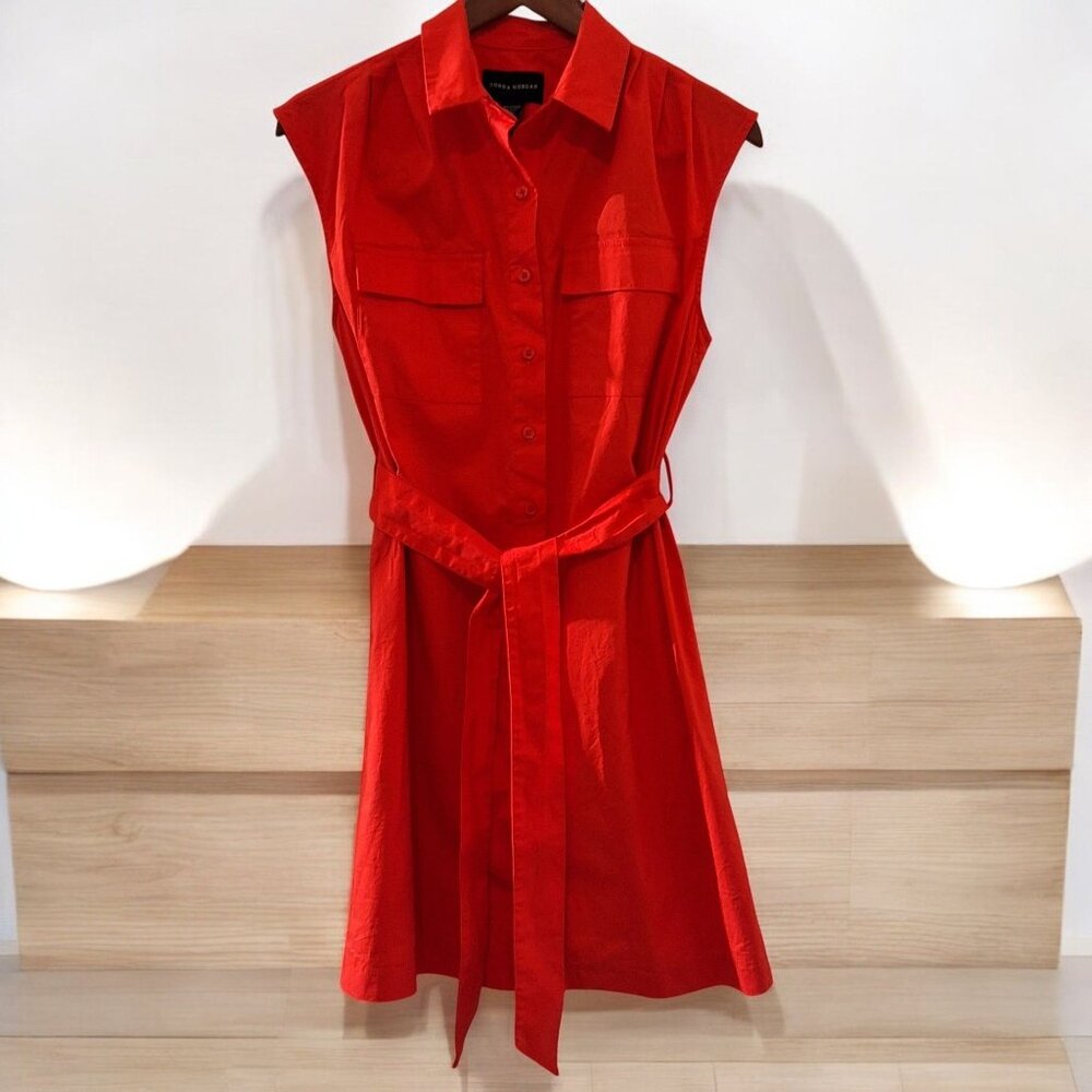 Donna Morgan Womens Utility Shirt Dress US 4 EU 34 Red Stretch Cotton Poplin Bel